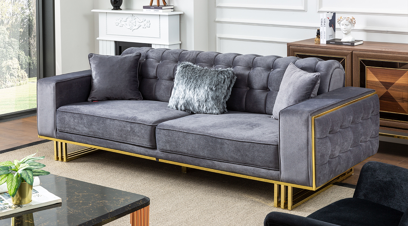 İspanya Gold Metal Ayaklı Kanepeli Köşe Koltuk Takımı Köşe Koltuk