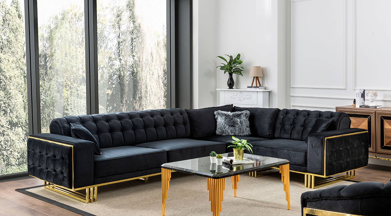 İspanya Gold Metal Ayaklı Kanepeli Köşe Koltuk Takımı Köşe Koltuk