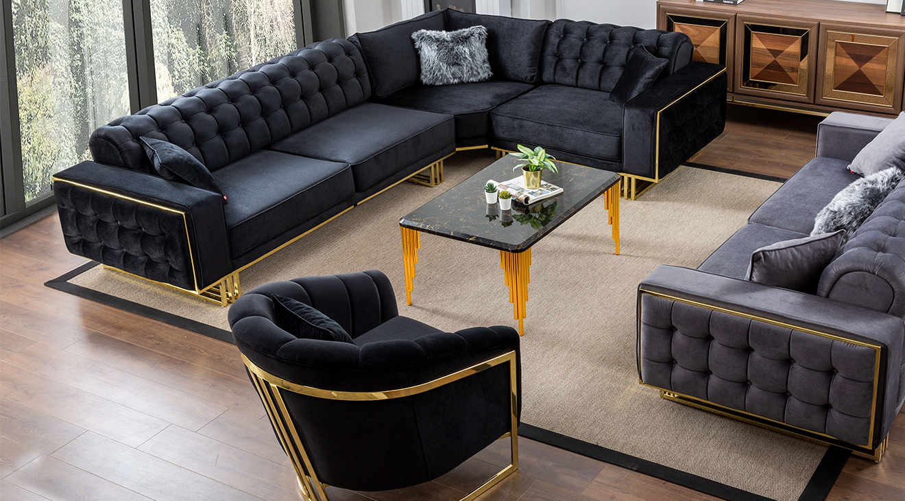 İspanya Gold Metal Ayaklı Köşe Koltuk Takımı Köşe Koltuk