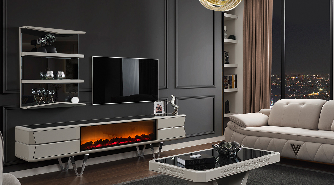 Velar Şömineli Metal Ayaklı Tv Ünitesi TV Ünitesi