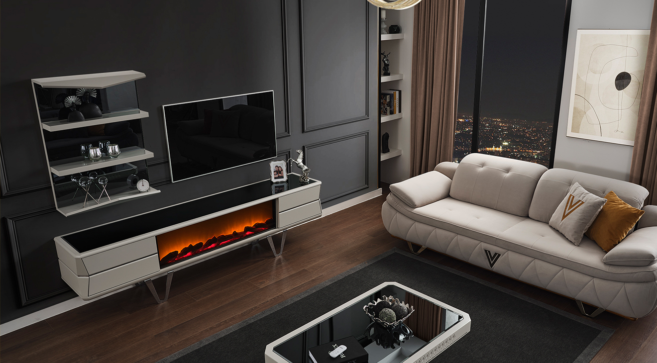 Velar Şömineli Metal Ayaklı Tv Ünitesi TV Ünitesi