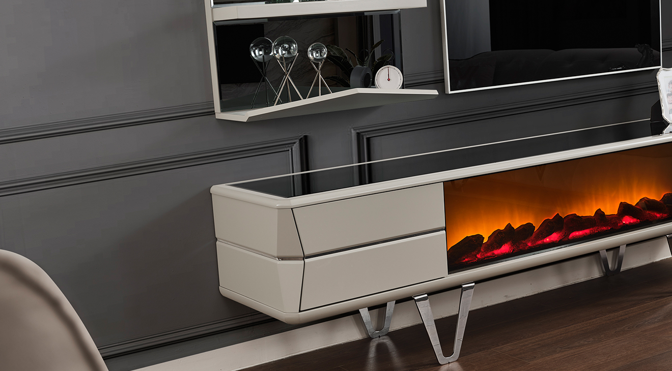 Velar Şömineli Metal Ayaklı Tv Ünitesi TV Ünitesi