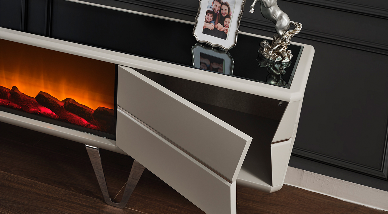 Velar Şömineli Metal Ayaklı Tv Ünitesi TV Ünitesi