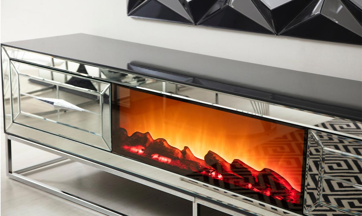 Jaguar Şömineli Aynalı Metal Ayaklı Tv Ünitesi TV Ünitesi