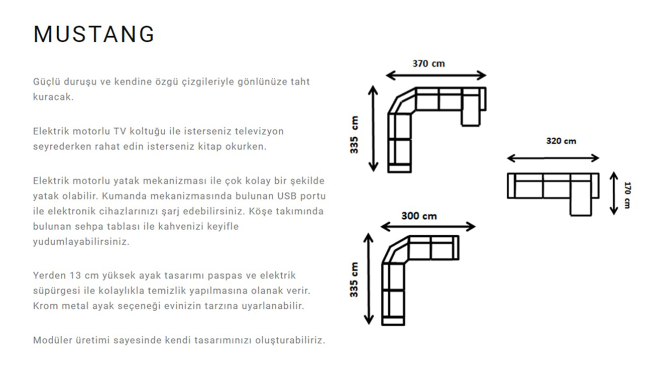 Mustang Motorlu USB Girişli Köşe Koltuk Takımı Motorlu Köşe Takımları