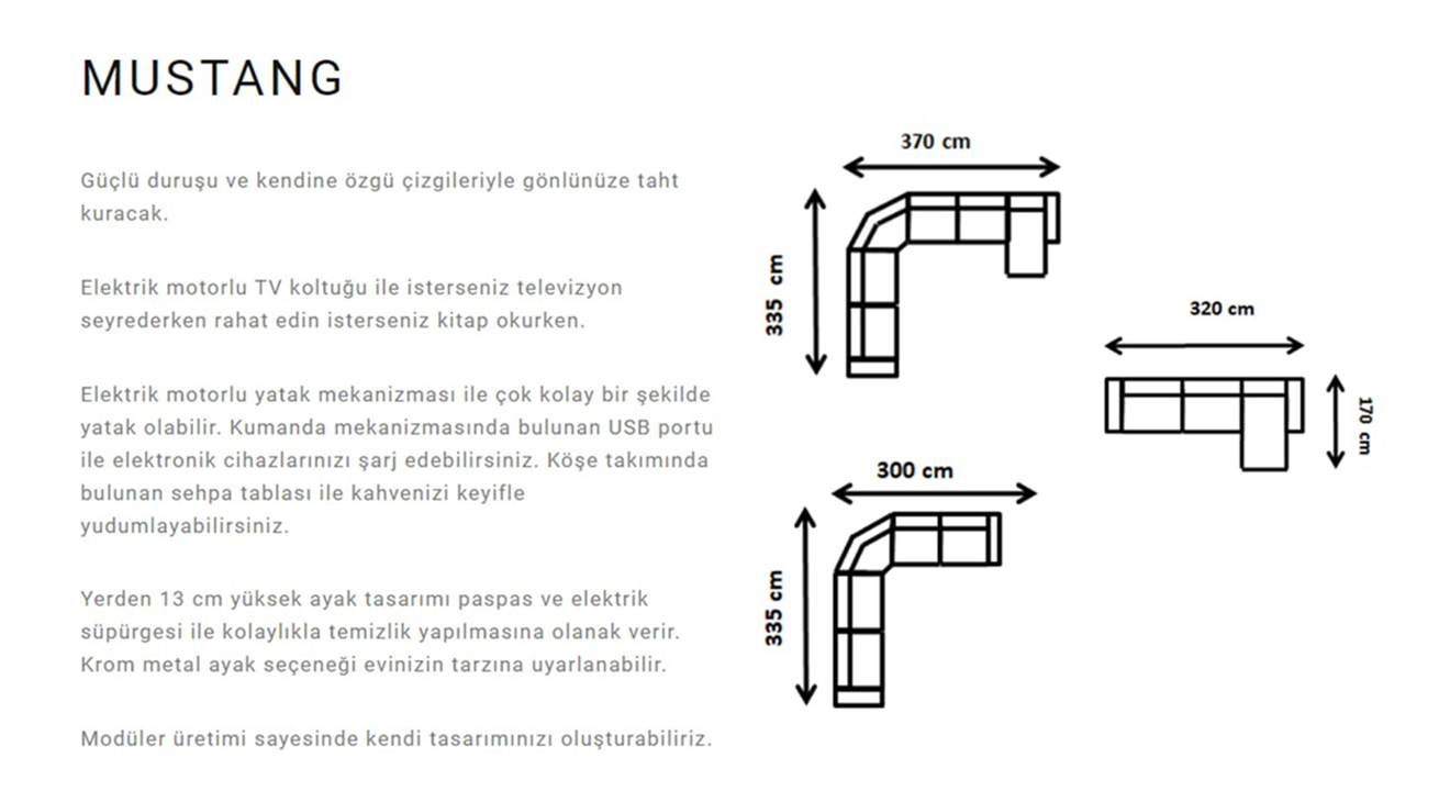 Mustang U Motorlu USB Girişli Köşe Koltuk Takımı Motorlu Köşe Takımları