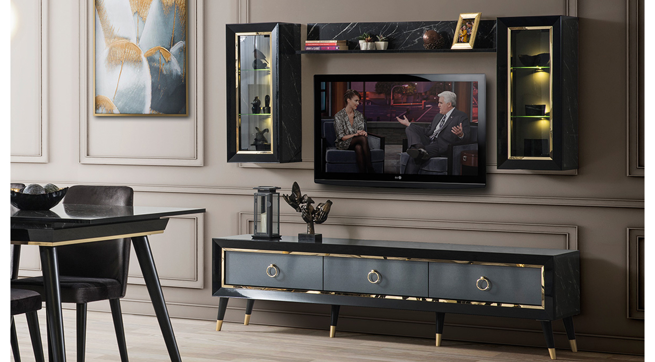 Asil Siyah Mermer Desenli Tv Ünitesi TV Ünitesi