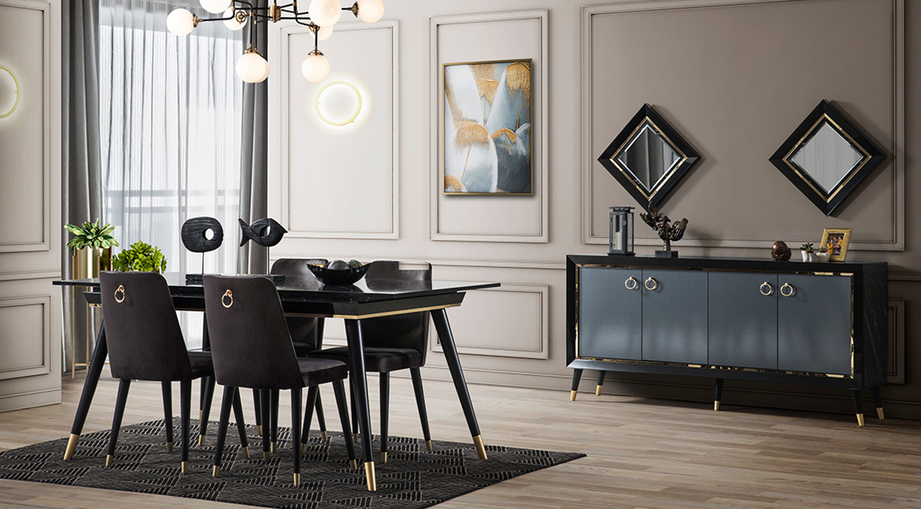 Asil Siyah Mermer Desenli Yemek Odası Takımı Yemek Odası