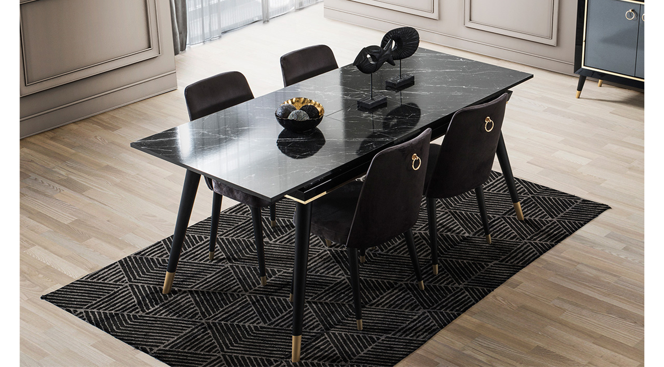 Asil Siyah Mermer Desenli Yemek Odası Takımı Yemek Odası