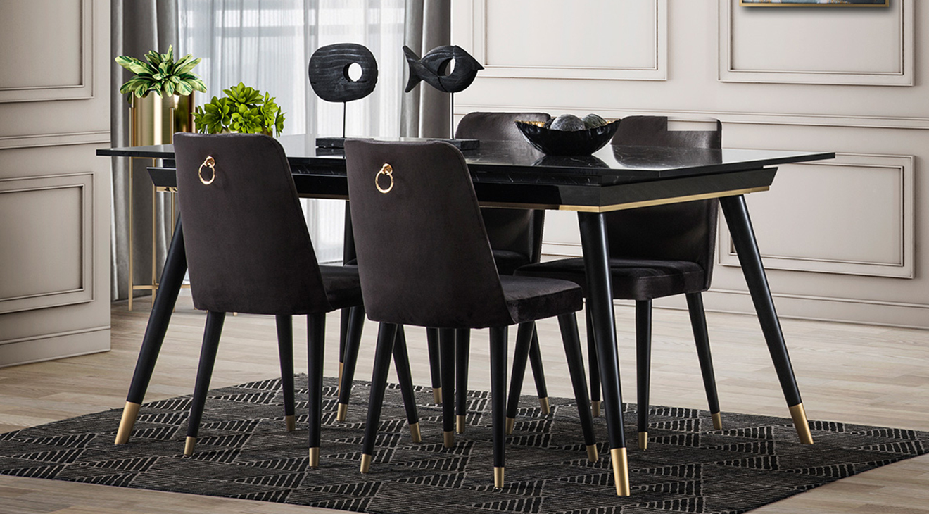 Asil Siyah Mermer Desenli Yemek Odası Takımı Yemek Odası