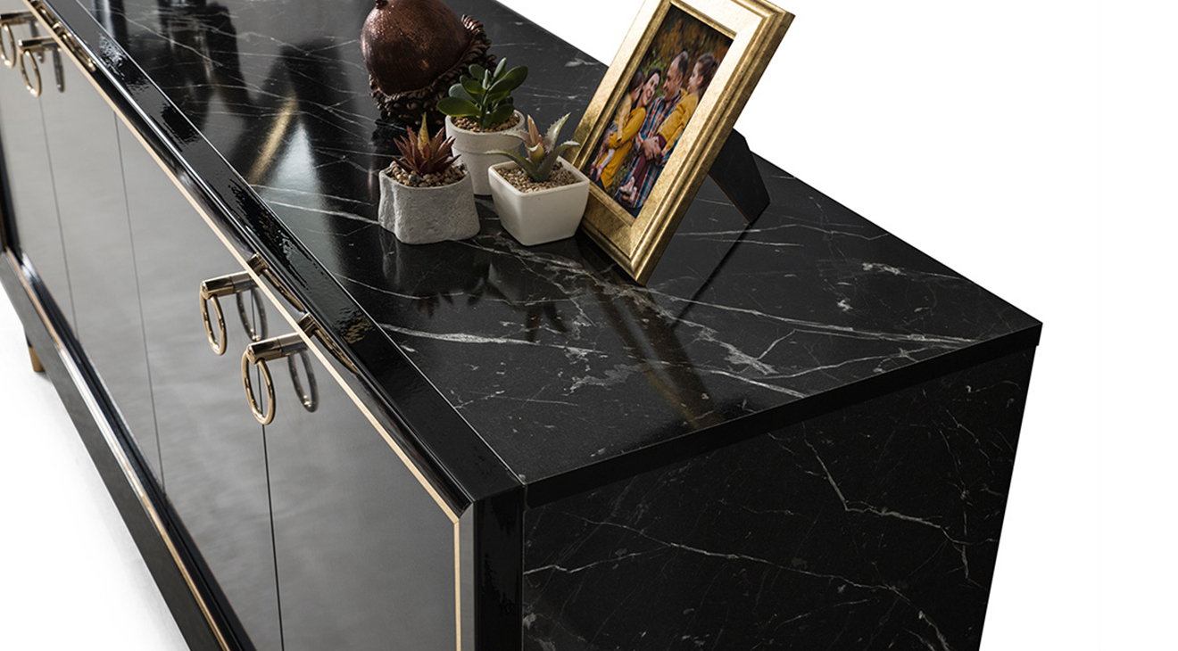 Asil Siyah Mermer Desenli Yemek Odası Takımı Yemek Odası