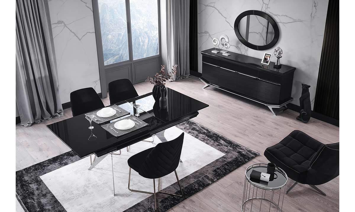 Masarati Gümüş Metal Ayaklı Yemek Odası Takımı Yemek Masası