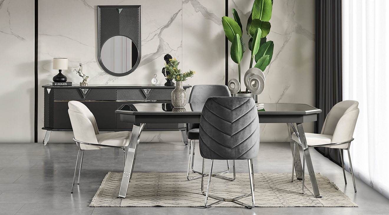 Madrid Gümüş Metal Ayaklı Yemek Odası Takımı Yemek Odası
