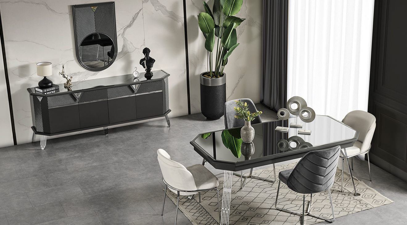 Madrid Gümüş Metal Ayaklı Yemek Odası Takımı Yemek Odası