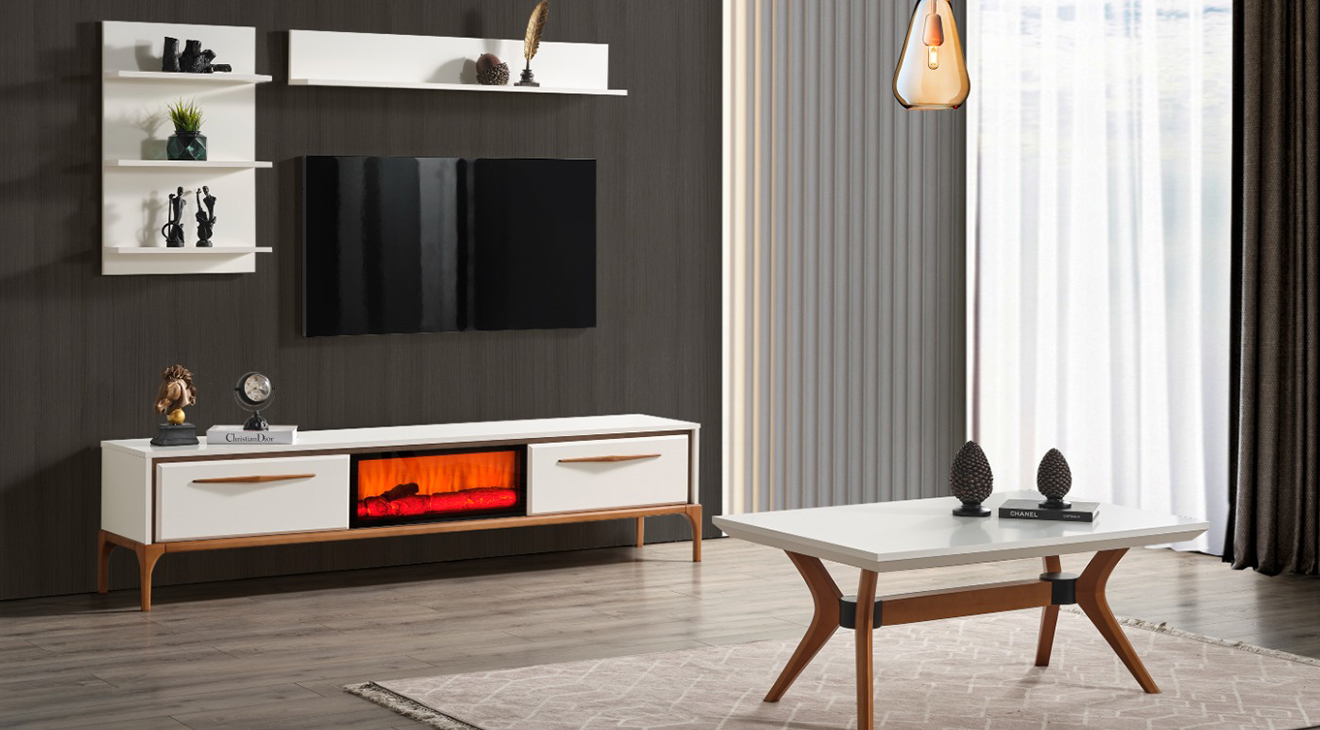 Kumsal Ahşap Ayaklı Şömineli Tv Ünitesi TV Ünitesi