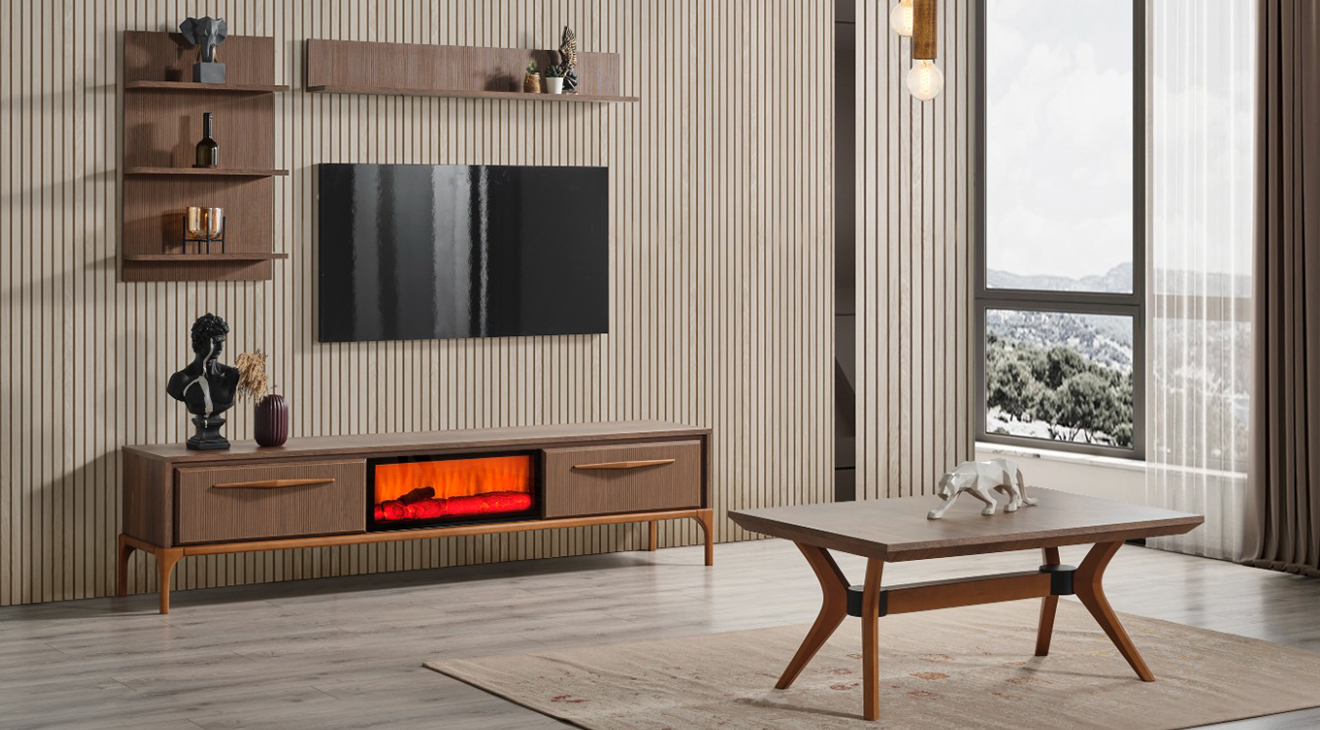 Hayal Ahşap Ayaklı Şömineli Tv Ünitesi TV Ünitesi