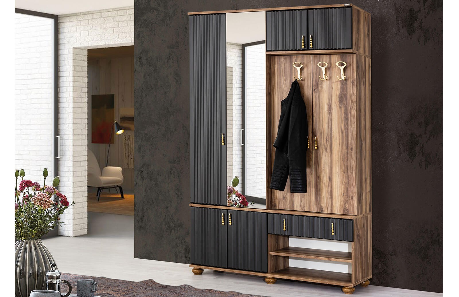 OR-5007 Ayakkabılık Aynalı Portmanto Antrasit Vestiyer Portmanto