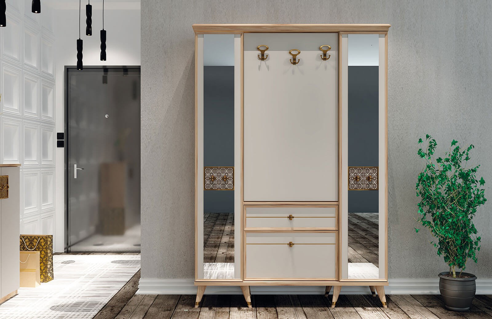 OR-5011 Ayakkabılık Aynalı Portmanto Vestiyer Portmanto