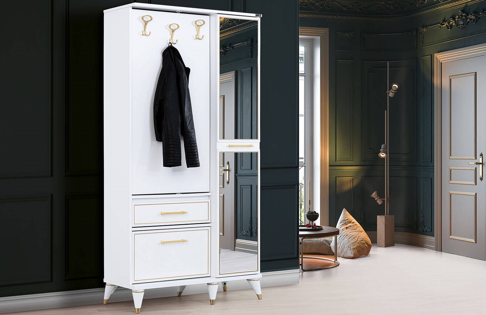 OR-5012 Ayakkabılık Aynalı Portmanto Parlak Beyaz Vestiyer Portmanto