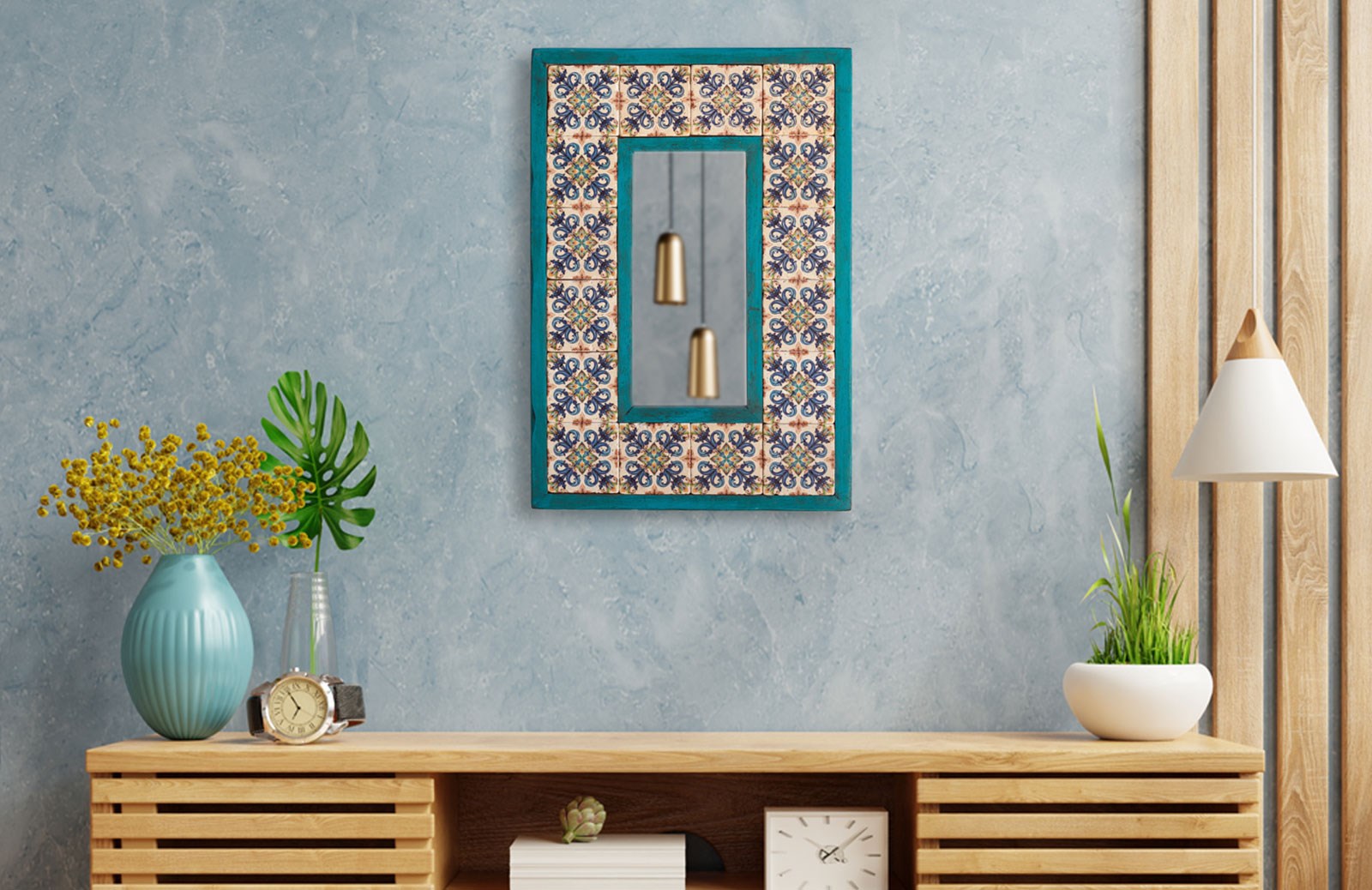 Ahşap Çerçeveli Traverten Taş Detaylı Ayna -DC1778 Ayna Modelleri