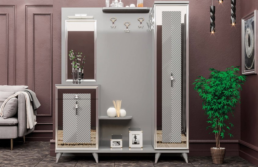 OR-5001 Ayakkabılık Aynalı Portmanto Metalik Krom Vestiyer Portmanto