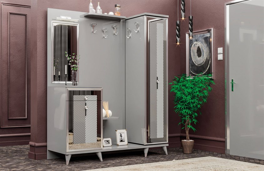 OR-5001 Ayakkabılık Aynalı Portmanto Metalik Krom Vestiyer Portmanto