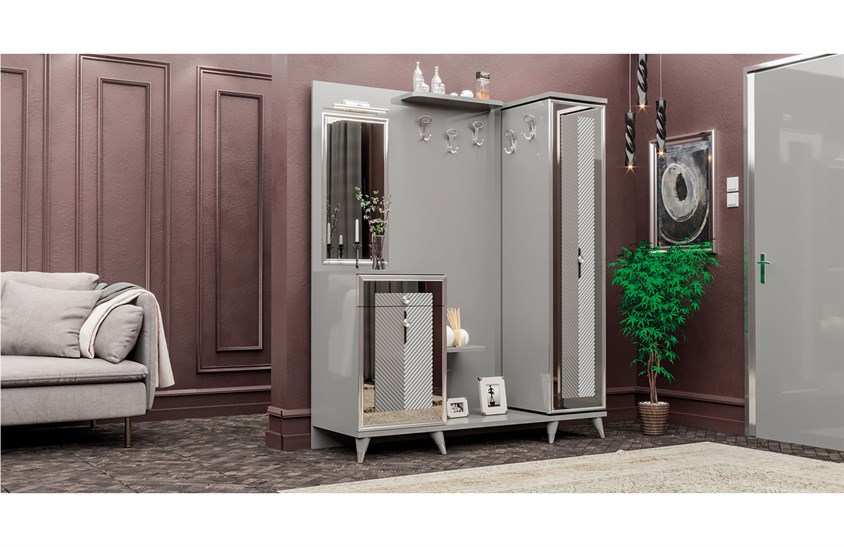 OR-5001 Ayakkabılık Aynalı Portmanto Metalik Krom Vestiyer Portmanto