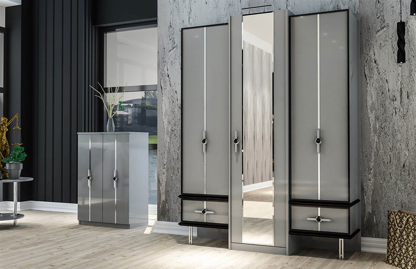 OR-5004 Ayakkabılık Aynalı Portmanto Metalik Krom Vestiyer Portmanto