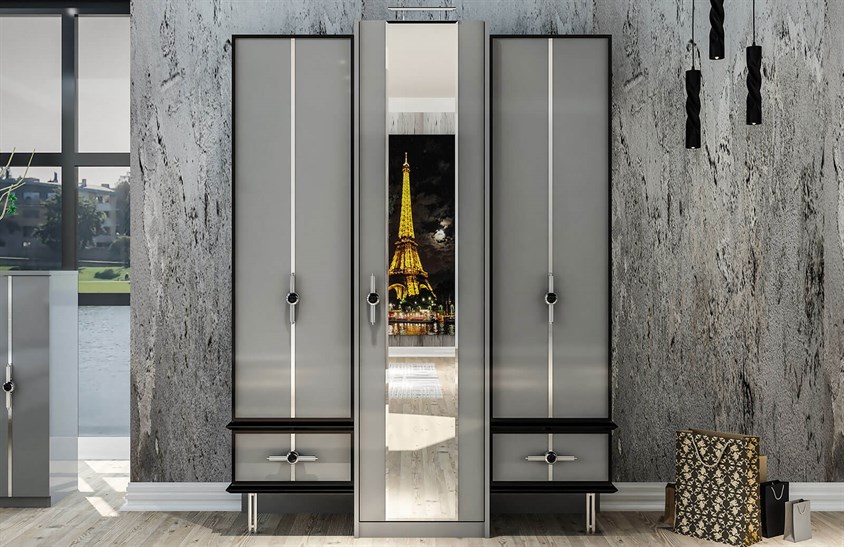 OR-5004 Ayakkabılık Aynalı Portmanto Metalik Krom Vestiyer Portmanto