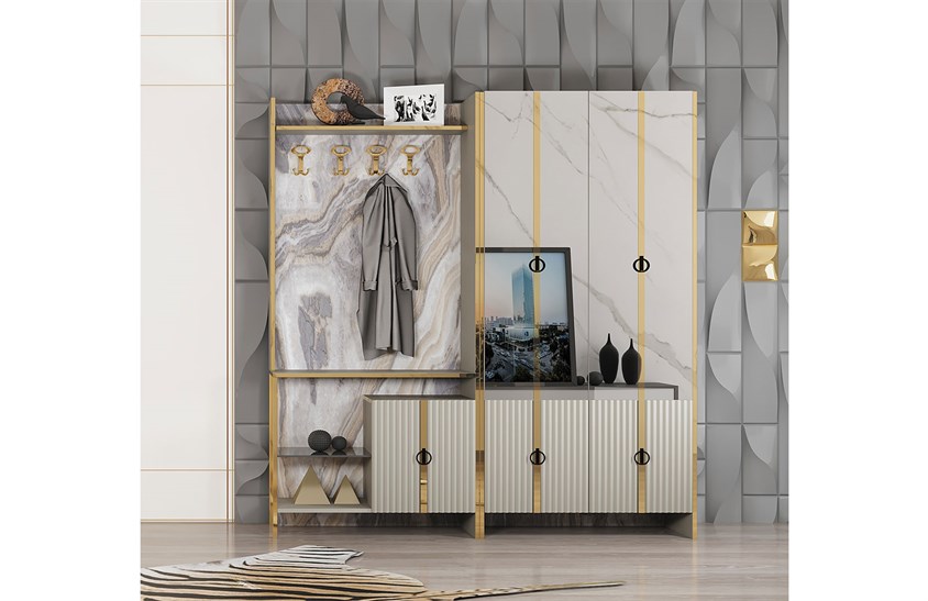 OR-5005 Ayakkabılık Aynalı Portmanto Gold Vestiyer Portmanto