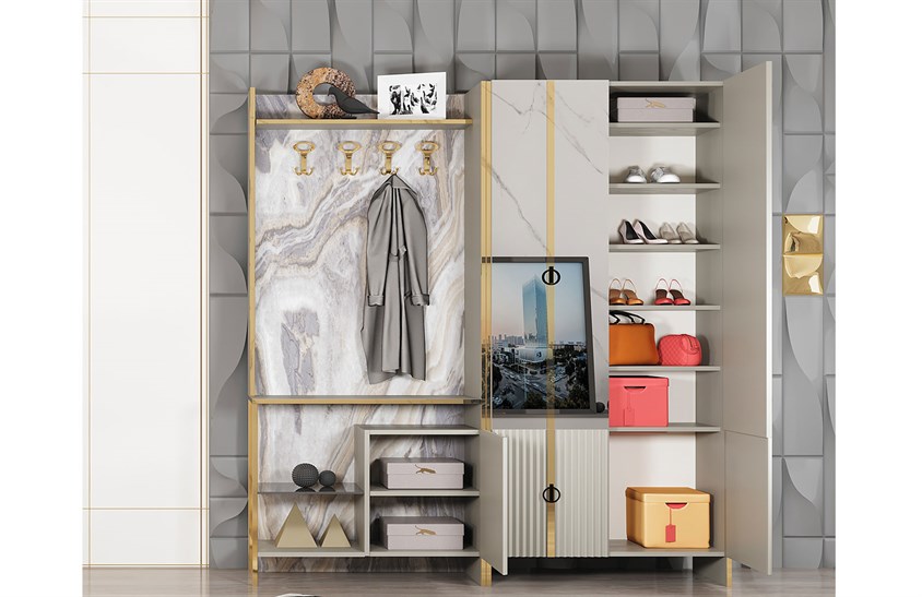 OR-5005 Ayakkabılık Aynalı Portmanto Gold Vestiyer Portmanto