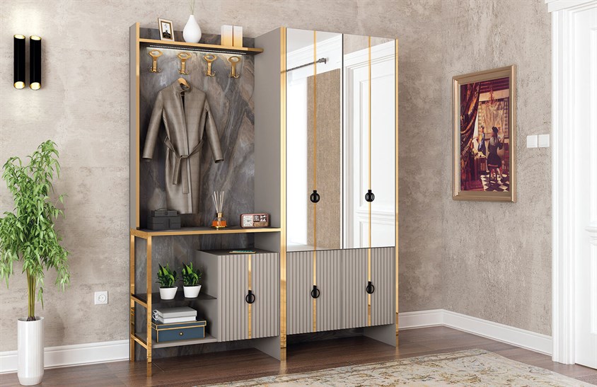 OR-5005 Ayakkabılık Aynalı Portmanto Gold Vestiyer Portmanto