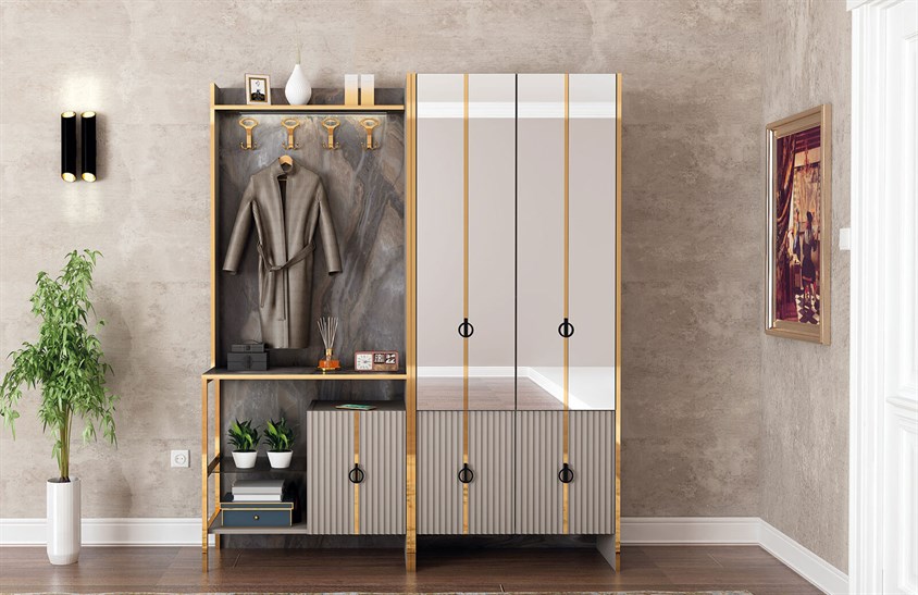 OR-5005 Ayakkabılık Aynalı Portmanto Gold Vestiyer Portmanto