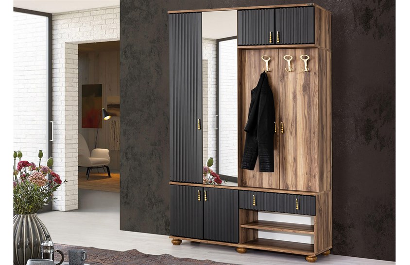 OR-5007 Ayakkabılık Aynalı Portmanto Antrasit Vestiyer Portmanto