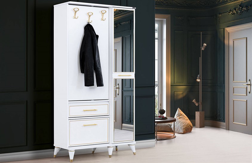 OR-5012 Ayakkabılık Aynalı Portmanto Parlak Beyaz Vestiyer Portmanto