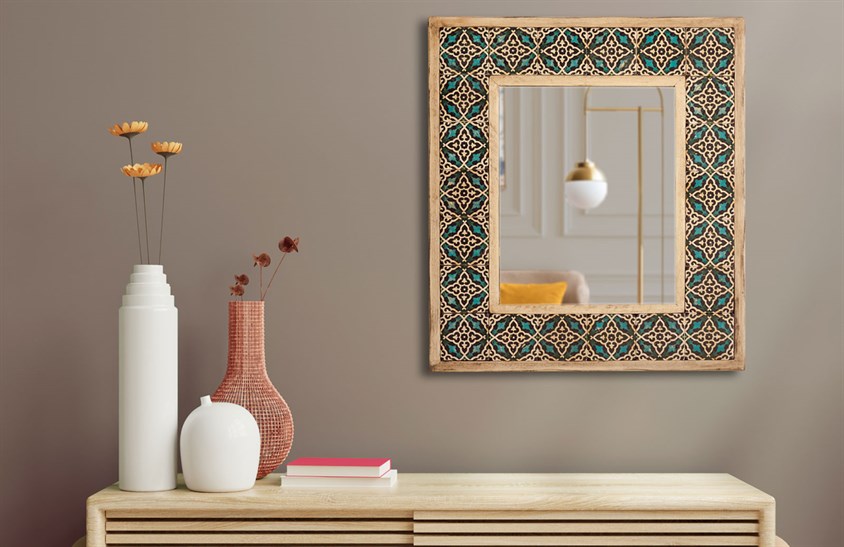 Ahşap Çerçeveli Traverten Taş Detaylı Ayna -DC1781 Ayna Modelleri