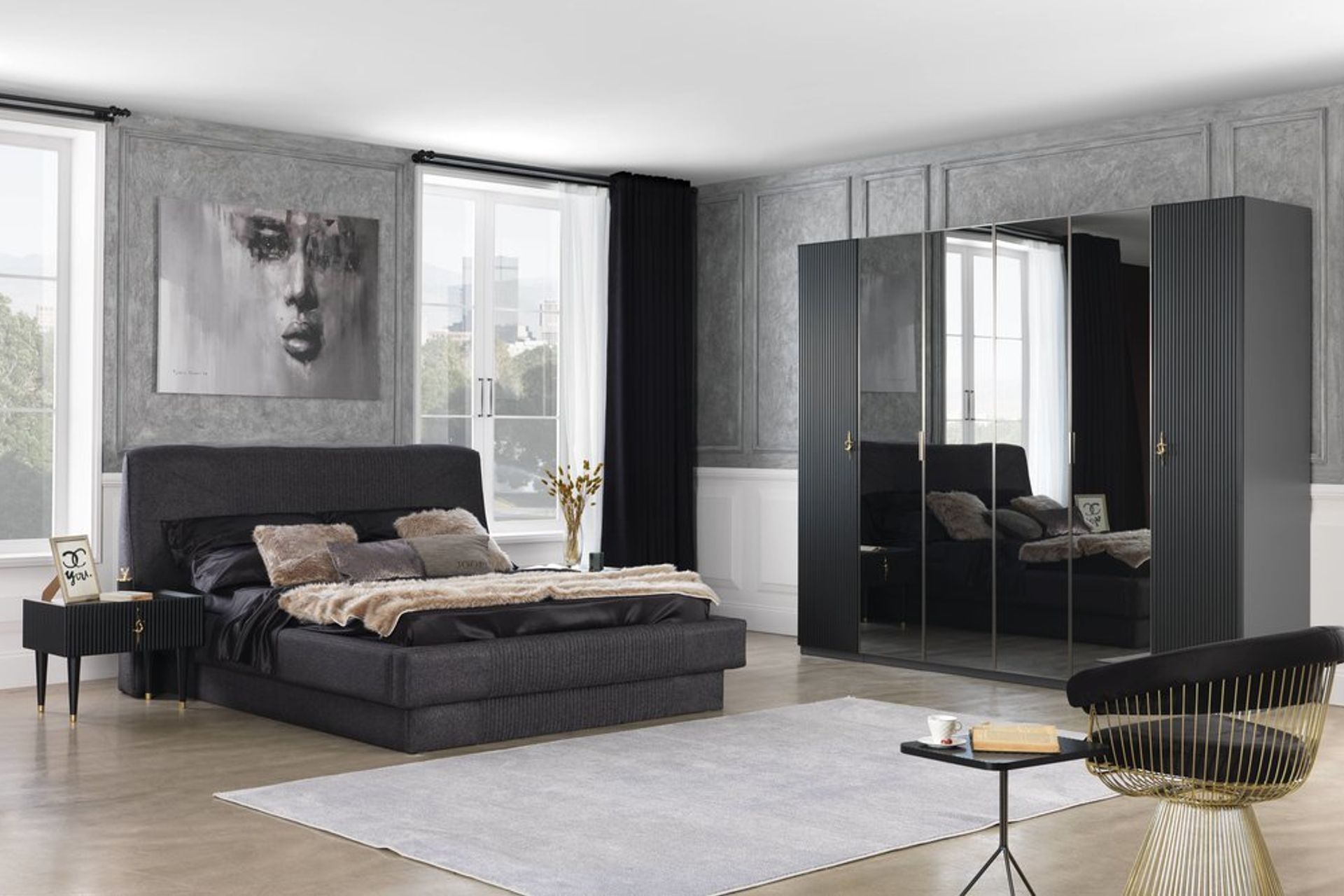 Creo Yatak Odası Takımı, Siyah, 6 Kapaklı İndirimli Mobilya