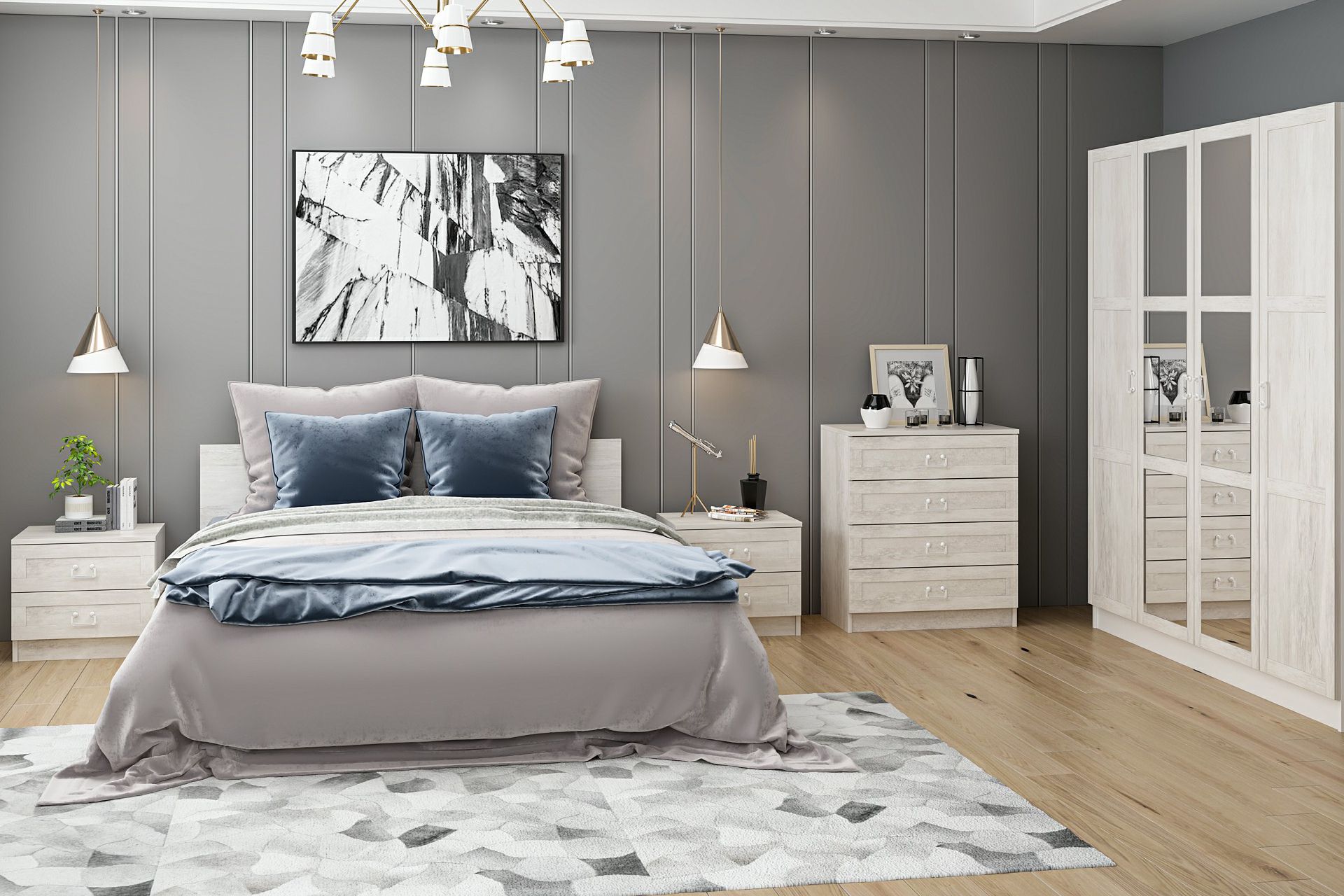 Kale190 Yatak Odası Takımı, Eskitme Beyaz, 4 Kapaklı, Set 98