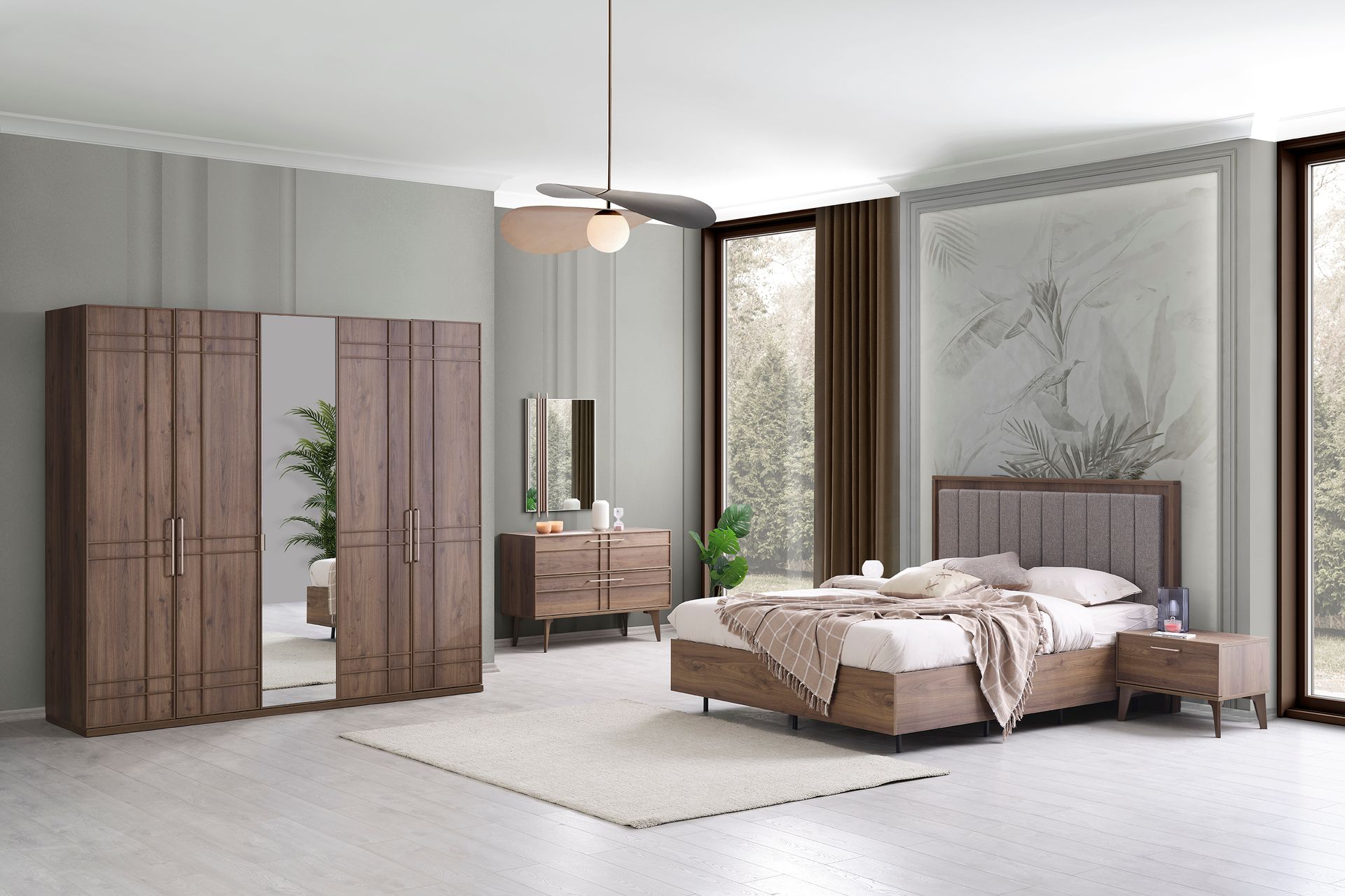 Huzz Yatak Odası, Ceviz, 5 Kapaklı İndirimli Mobilya