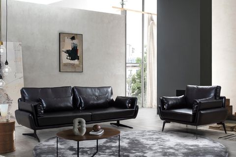 Puzzle Üçlü Koltuk Ve Berjer Takımı, Siyah Deri İndirimli Mobilya