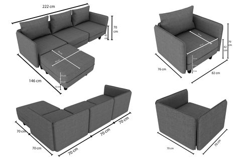 Woodesk Miro Köşe Ve Tekli Koltuk Takımı, Gri