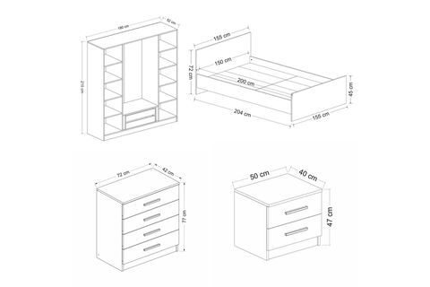 Kale210 Yatak Odası Takımı, Beyaz, Cam Kapak, 4 Kapaklı, Set 86 İndirimli Mobilya