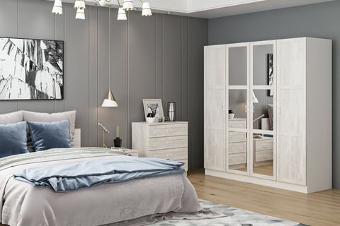 Kale190 Yatak Odası Takımı, Eskitme Beyaz, 4 Kapaklı, Set 98 İndirimli Mobilya